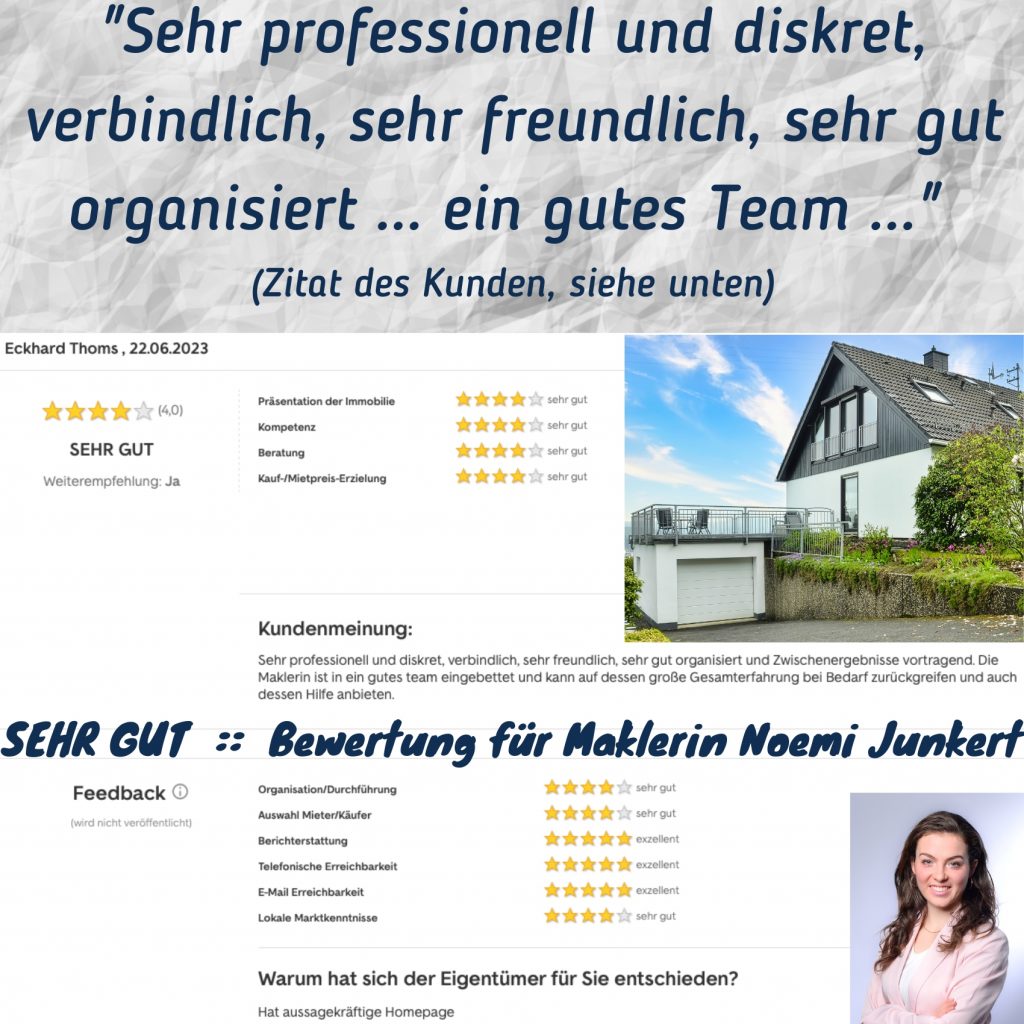 Sehr gut! Kundenbewertung Noemi Junkert Top Immobilienmaklerin Immobilienkontor-Lindner Marcus Lindner und Team bundesweit